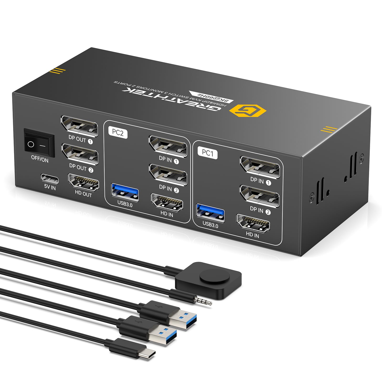 Photo 1 of 8K HDMI+Displayport KVM Switch 3 Monitors 2 Computers 8K@60HZ/4K@144HZ USB3.0 KVM Switcher 2 Ports for 2 PC/Laptop Sharing Keyboard&Mouse and 2 Screens, Wired Controller Included,EDID Adapative