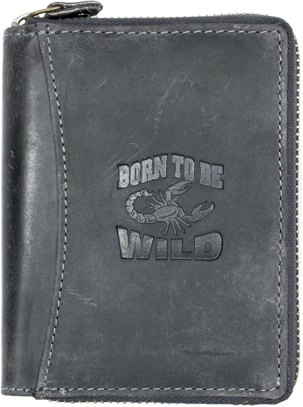 Born to be Wild Men's Zip-around Dark Grey Large Genuine Leather Wallet with Scorpion