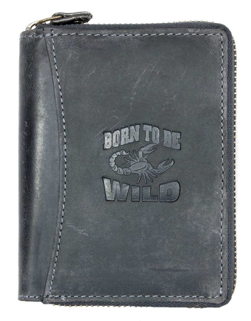 Born to be Wild Men's Zip-around Dark Grey Large Genuine Leather Wallet with Scorpion