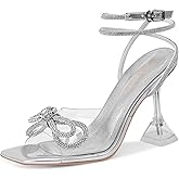 Volrina Women's Rhinestones Bowknots Crystal Sandals Sexy Clear Slingback Ankle Strap heels Square Open Toe Wedding Party Prom Dress Shoes