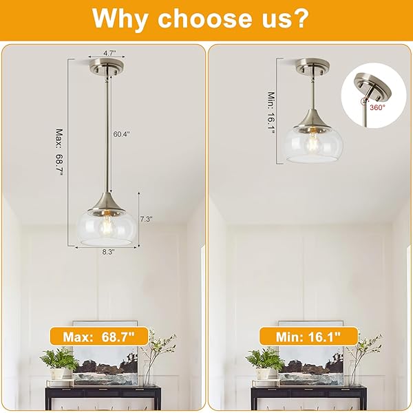 MODERN PENDANT LIGHTS FOR KITCHEN ISLAND, BRUSHED NICKEL PENDANT LIGHT FIXTURES WITH 8.5″ CLEAR GLASS SHADE, INDUSTRIAL HANGING PENDANT LIGHTS FIXTURE FOR KITCHEN ISLAND DINING ROOM ENTRYWAY 1 PACK