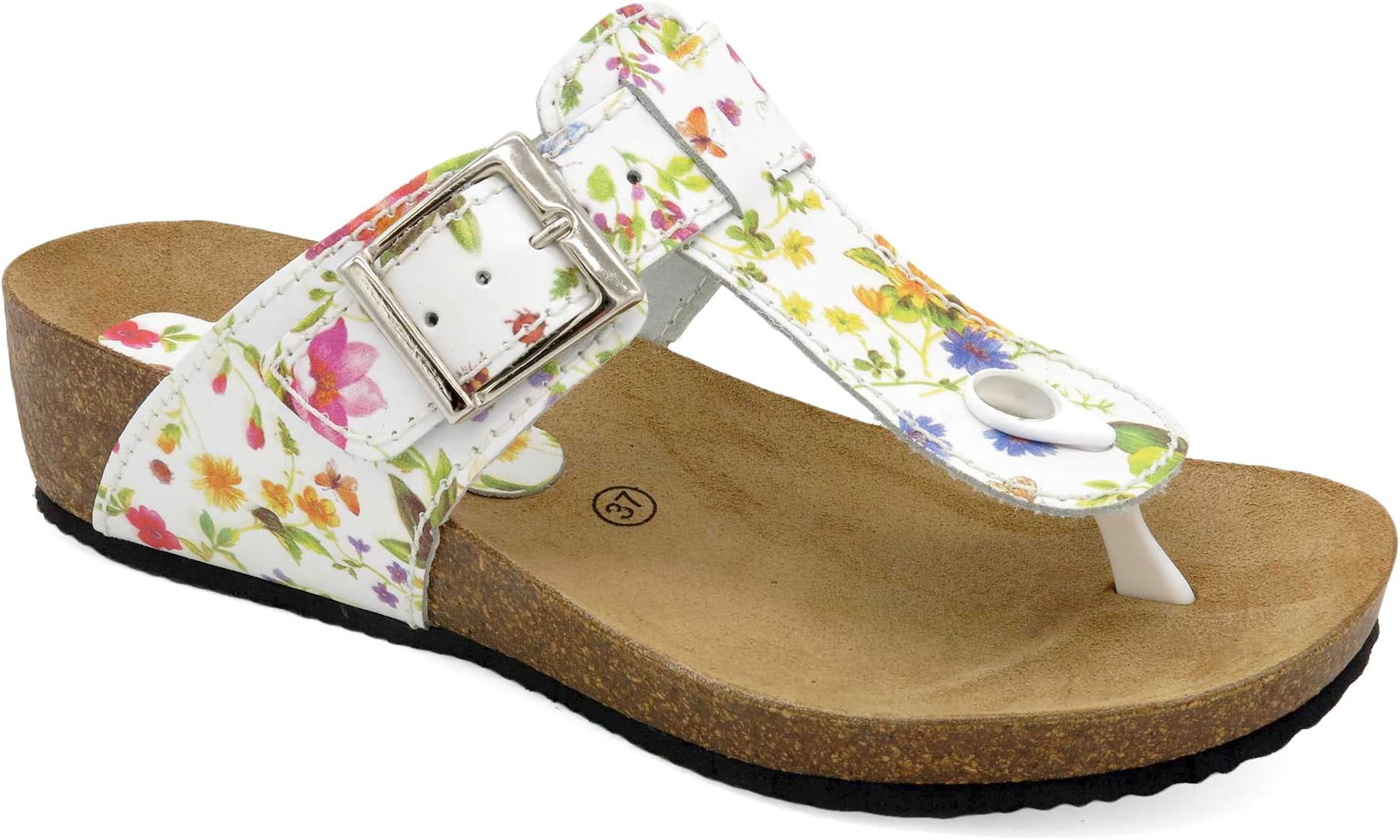 Morxiva - Made in Spain - Ladies Summer Slip-On Flat Sandals Thongs Slippers. Genuine Leather, Cork Sole and Leather Footbed. Metal Buckle for Width Adjustment. 414