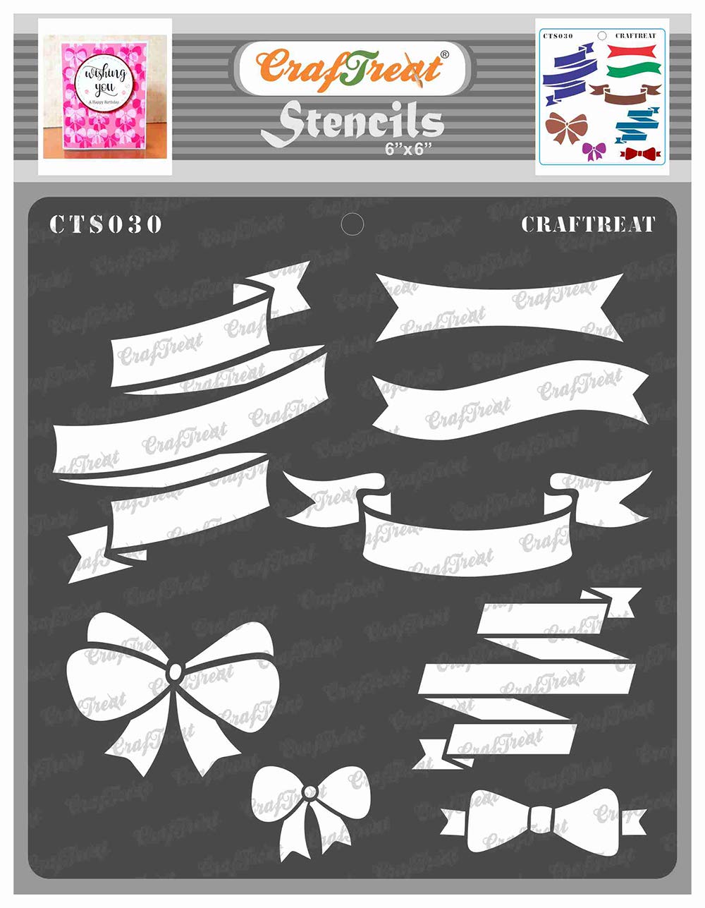 CrafTreat Ribbon Stencils for Painting on Wood, Canvas, Paper, Fabric, Floor, Wall and Tile - Ribbon Banners - 6x6 Inches - Reusable DIY Art and Craft Stencils for Home Decor - Stencils for Fashion
