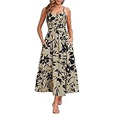 Annebouti Women 2026 Summer Spring Ruched Maxi Dress Adjustable Spaghetti Strap Floral Beach Long Sundress with Pockets