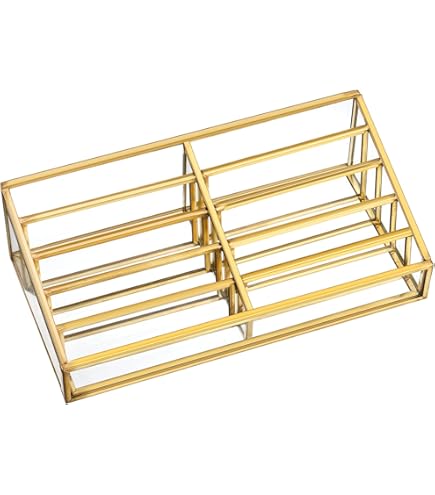 Hipiwe Crystal Business Card Holder With Pen Holder – Gold Metal, Mirrored, 2 Slot Desktop Organizer