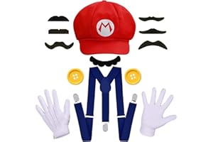 ratote Mari and Luigi Wari and Waluig Costume for Adult,Women and Men - Hats, Mustache, Gloves, Buttons, Suspenders