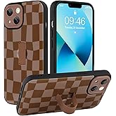 SOKAD for iPhone 13 Case with Finger Strap Kickstand, Cute Checkered Checkerboard Phone Case with Finger Hand for Women Men, Slim Full Camera Protection Shockproof Case Cover, Brown