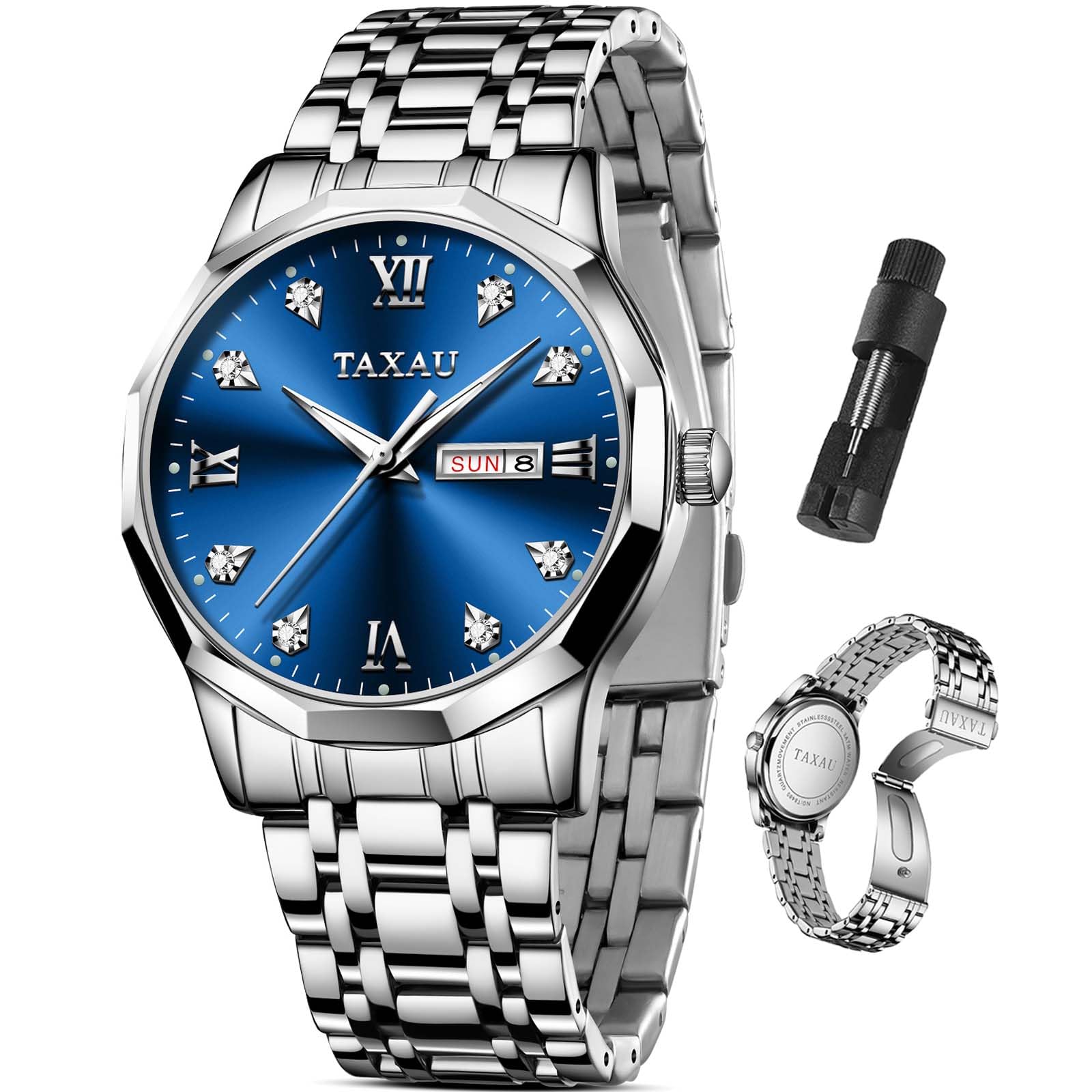 Taxau Men's Watches Stainless Steel Men's Watches Business Quartz Watches Men's Watch Classic Date Watches Luminous Waterproof Watch Men's Reloj para Hombre (Blue/Black/Grey/White Dial)