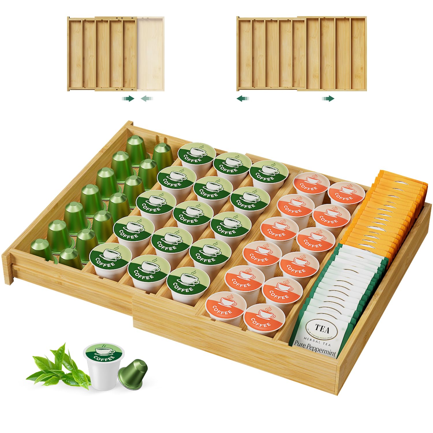 Photo 1 of EsLuker.ly Bamboo Coffee Pod K Cup Holder Organizer for Drawer Insert Counter, Expandable Coffee Tea Storage Tray Compatible with Nespresso Vertuo Capsules - Easy Access for Office Home Kitchen