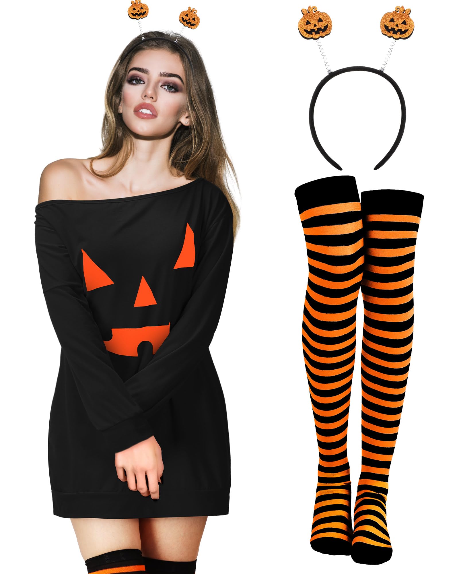 Photo 1 of Suhine Halloween Pumpkin Costume Women Adult 2025 Orange Pumpkin Dress Striped Tight Hair Hoop Accessories(Small,Ghost)