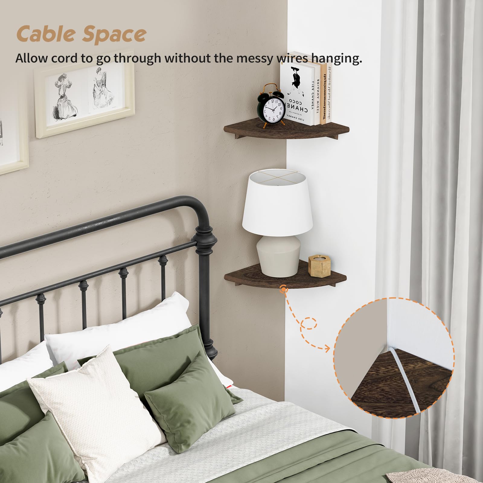 Forbena Floating Corner Shelves for Wall Set of 4, Small Corner Bookshelf for Bedroom Books, Round Wooden Corner Shelf Wall Mount for Bathroom Plants, Kitchen, Living Room Decor (Dark Brown)