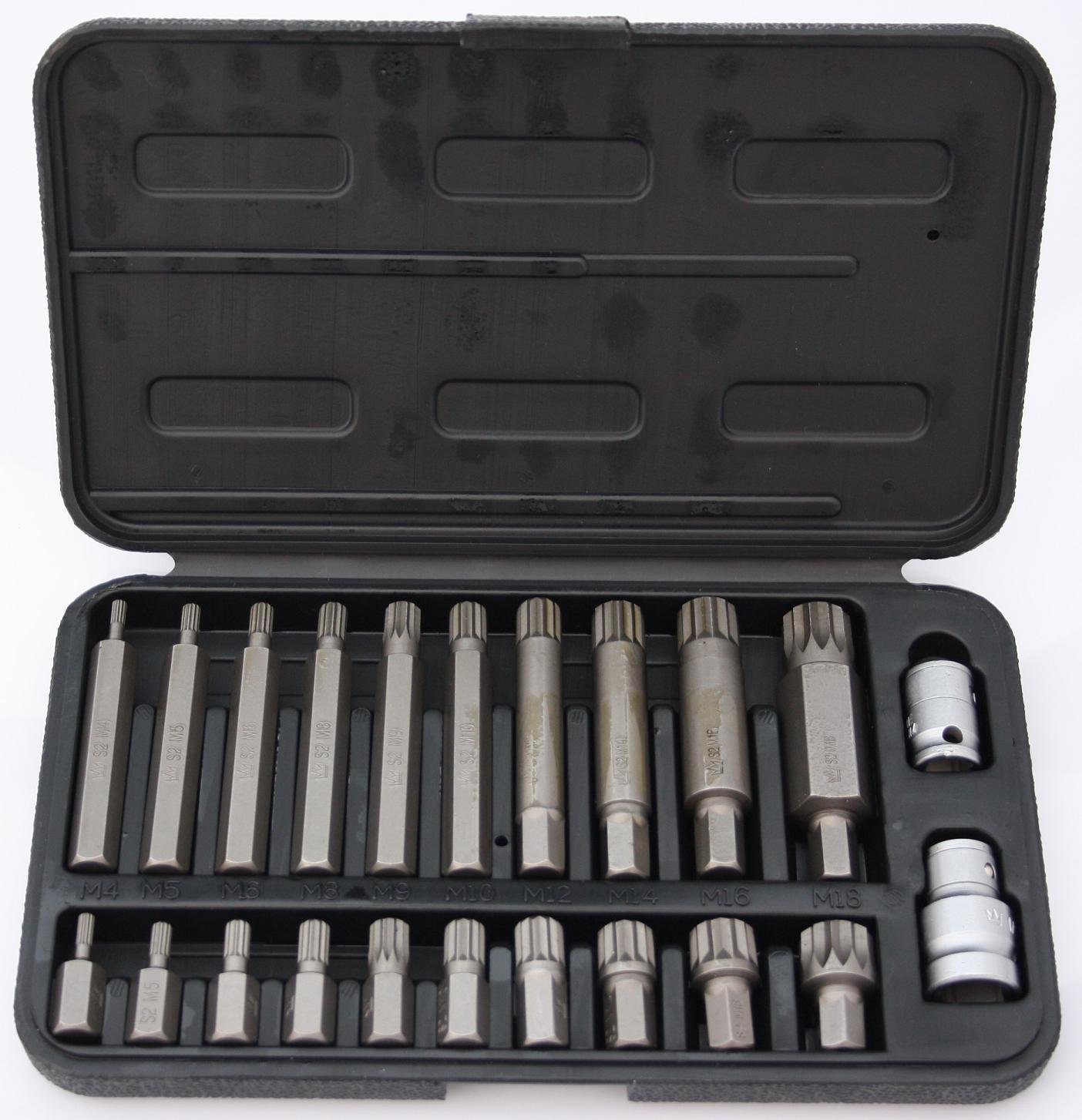 Spline Bit Set (30, 75mm)- XZN Triple Square Bit Set 22-Pieces (M4 M5 M6 M8 M9 M10 M12 M14 M16 M18)+ 2 Couplers 1/2" & 3/8" inch - Multi-Tooth (HRC 62) Premium S2, Cr-V Steel, 12-Point Socket Bit Set