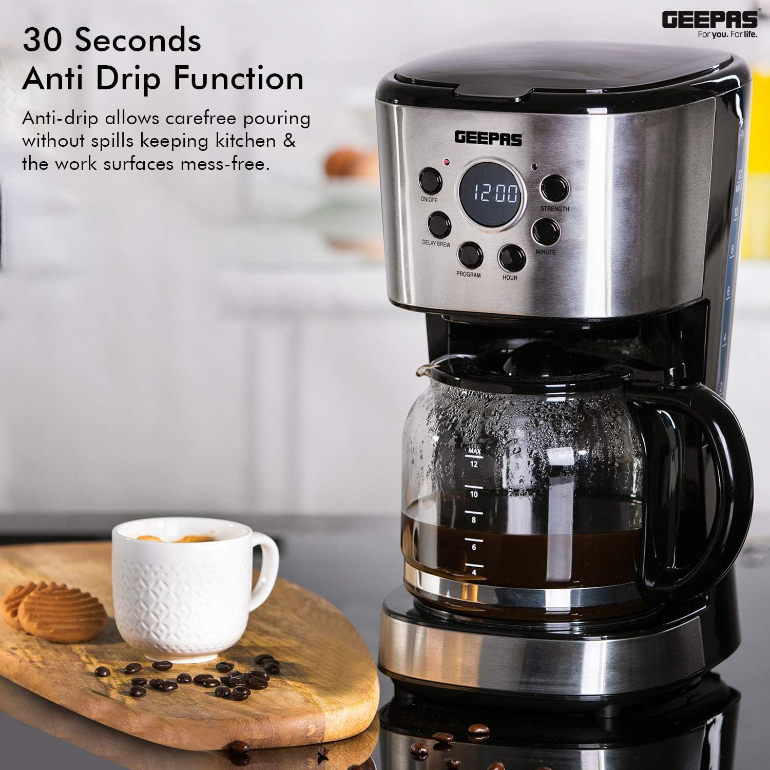 GEEPAS 1.5L Filter Coffee Machine, Black & Silver, Digital - Image 4
