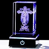 YWHL 3D Crystal Virgen De Guadalupe Statues with Cross, Our Lady of Guadalupe Figurine with Colorful Base Laser Engraved Christian Religious Gifts for Women Friends Family, Virgin Mary Home Decor