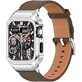 SUPLINK Leather Band with Stainless Steel Case for Apple Watch Ultra 3/2/1 & SE 3/2/1 & Series 11 10 9 8 7 6 5 4 3 2 1 49mm 46mm 45mm 44mm 42mm 41mm 40mm 38mm,Rugged Bumper for Men
