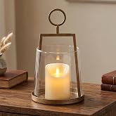 Modern Farmhouse Hurricane Candle Holder, Antique Brass Metal Centerpiece | Sturdy Glass Sleeve, Tabletop Geometric Lantern for Pillar Candles, Plants &amp; Home Decor (6" x 10")