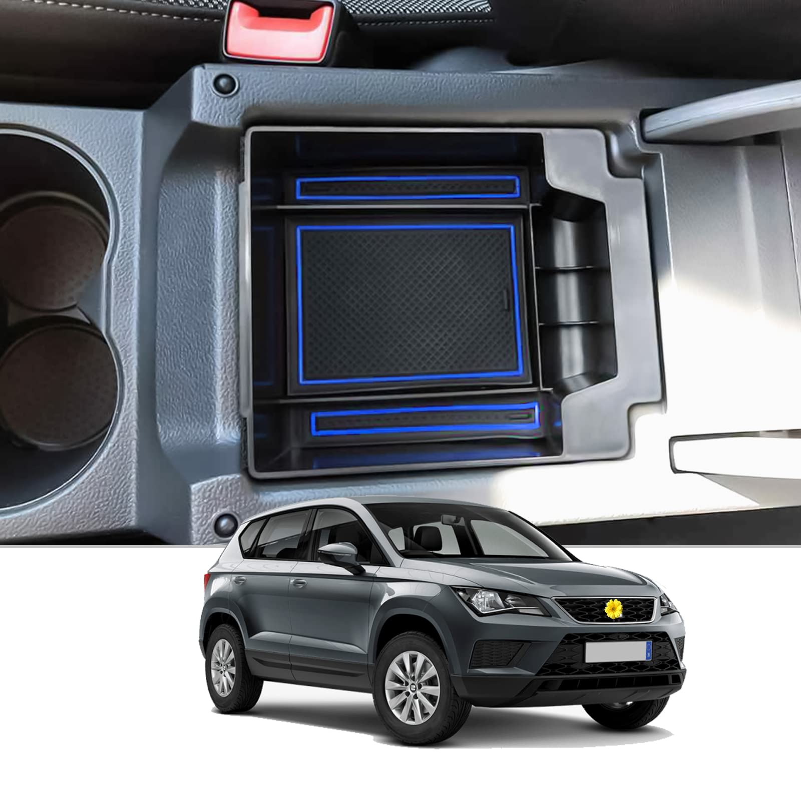 CDEFG for Seat Ateca FR 2017-2025 Car Central Armrest Storage Box Container Tray Organizer Accessories with Anti-slip mat (Blue)
