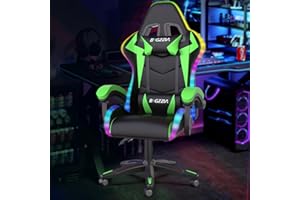Bigzzia Gaming Chair with RGB LED Lights, High Back Ergonomic Computer Gamer Chair with Headrest and Lumbar Support, Racing Style Reclining Game Chair for Adults, Kids (Black/Green)