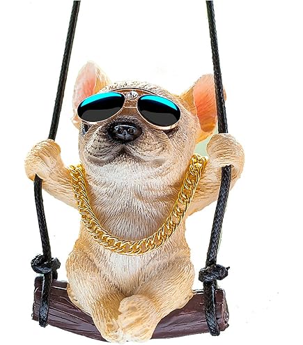 Pendentif Voiture Bulldog Blanc Avec Chaîne Dorée - Balançoire Rétroviseur Chien Mignon