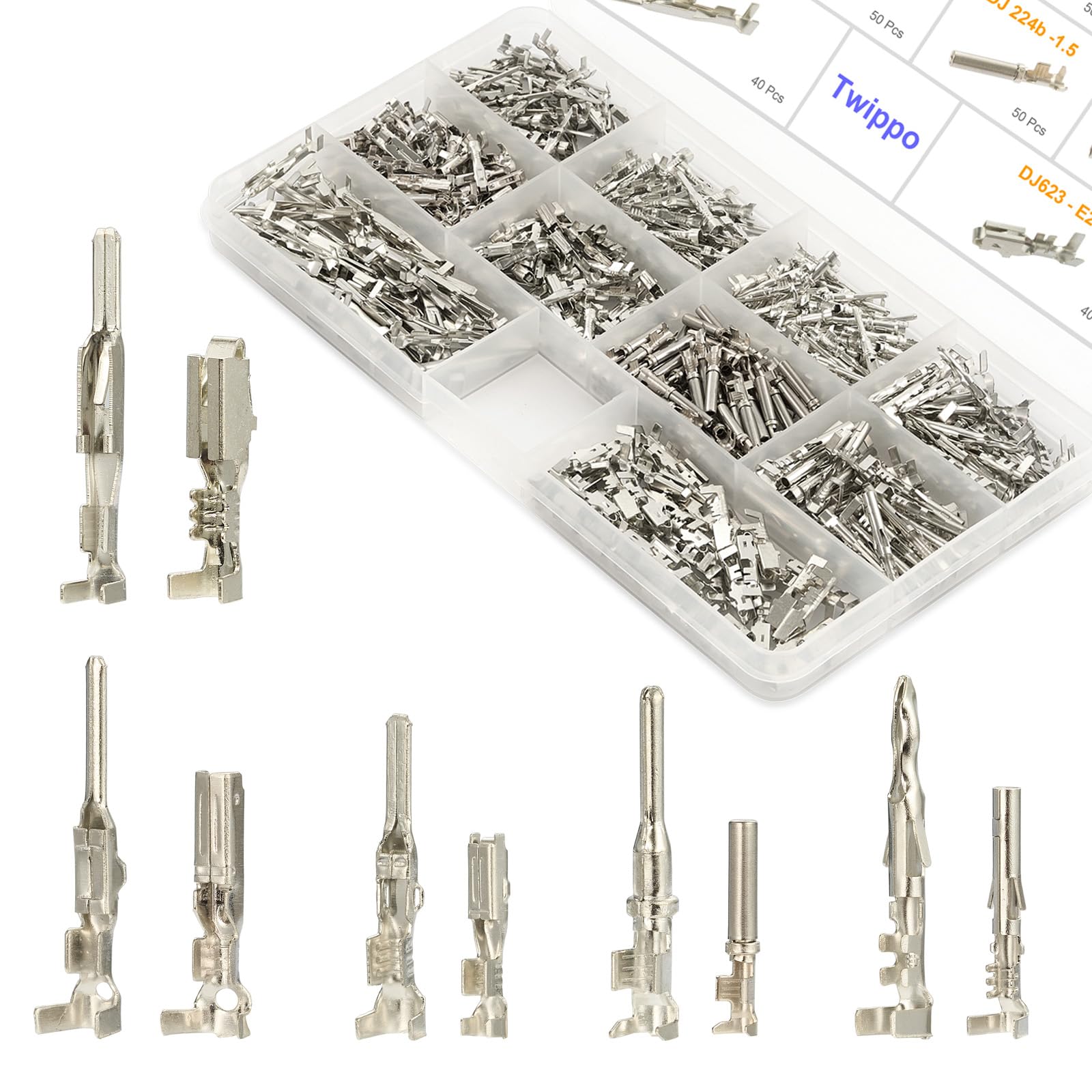Photo 1 of Twippo 440Pcs Automotive Electrical Pin Connectors Kit 1.5/1.8/2.5/2.8mm Pin Terminals Wire Connector Pins Wiring Harness Pin Kit Crimp Terminal Pins for 22-12 Gauge Plug