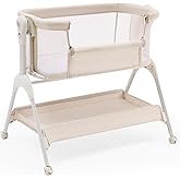 HARPPA Cuddly Baby Bassinet Bedside Sleeper, 3 in 1 Rocking Bassinet with Mattress and Soft Cover, Full Mesh Sides, 5 Height Adjustable with Wheels for Newborns, Beige