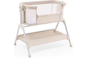 HARPPA Cuddly Baby Bassinet Bedside Sleeper, 3 in 1 Rocking Bassinet with Mattress and Soft Cover, Full Mesh Sides, 5 Height Adjustable with Wheels for Newborns, Beige