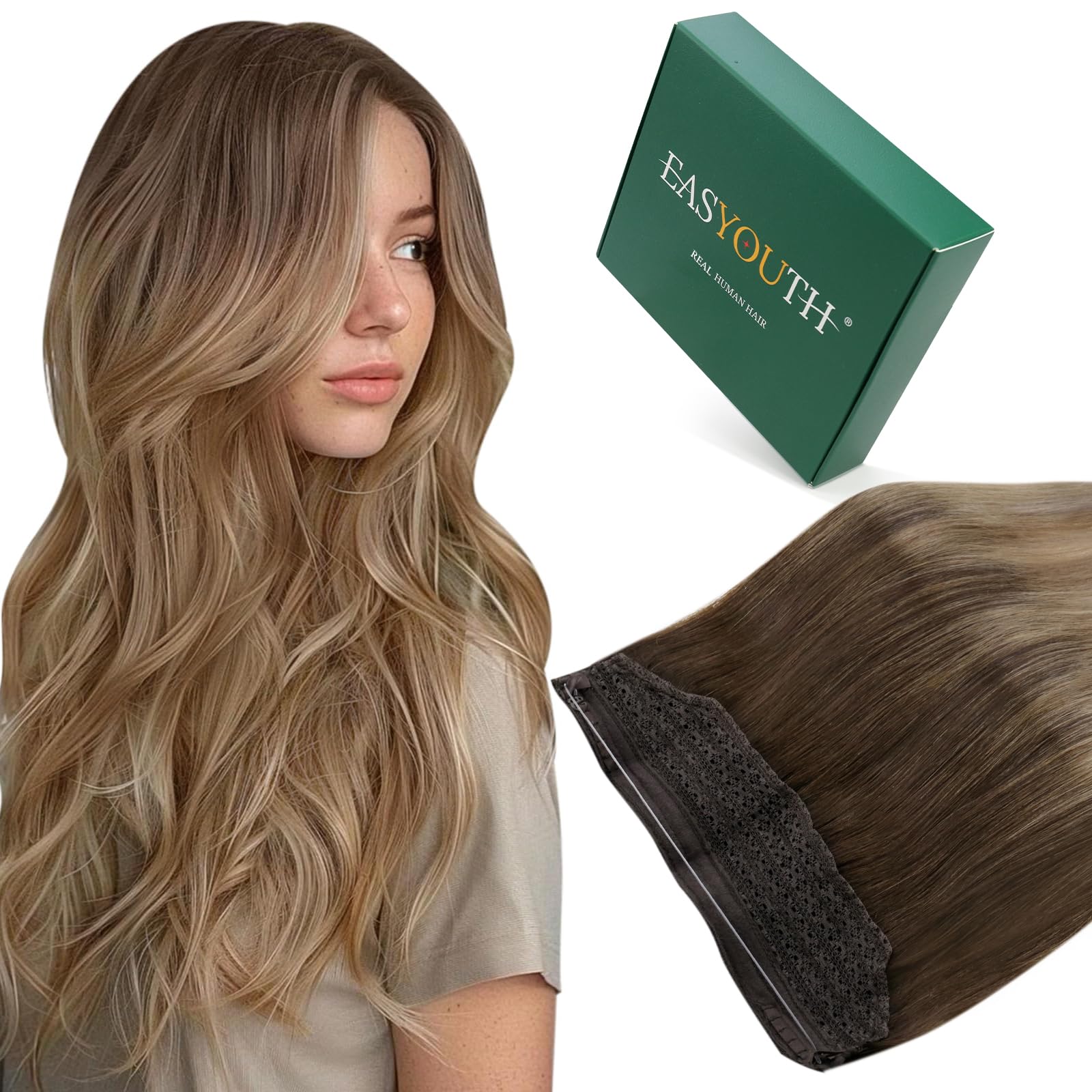 Easyouth 20Inch Wire Human Hair Extensions Balayage Brown Secret Wire Hair Extension Ombre Brown to Ash Blonde Invisible Fish Line Hair Extension Natural Smooth 100g #2/6/18 — image 1