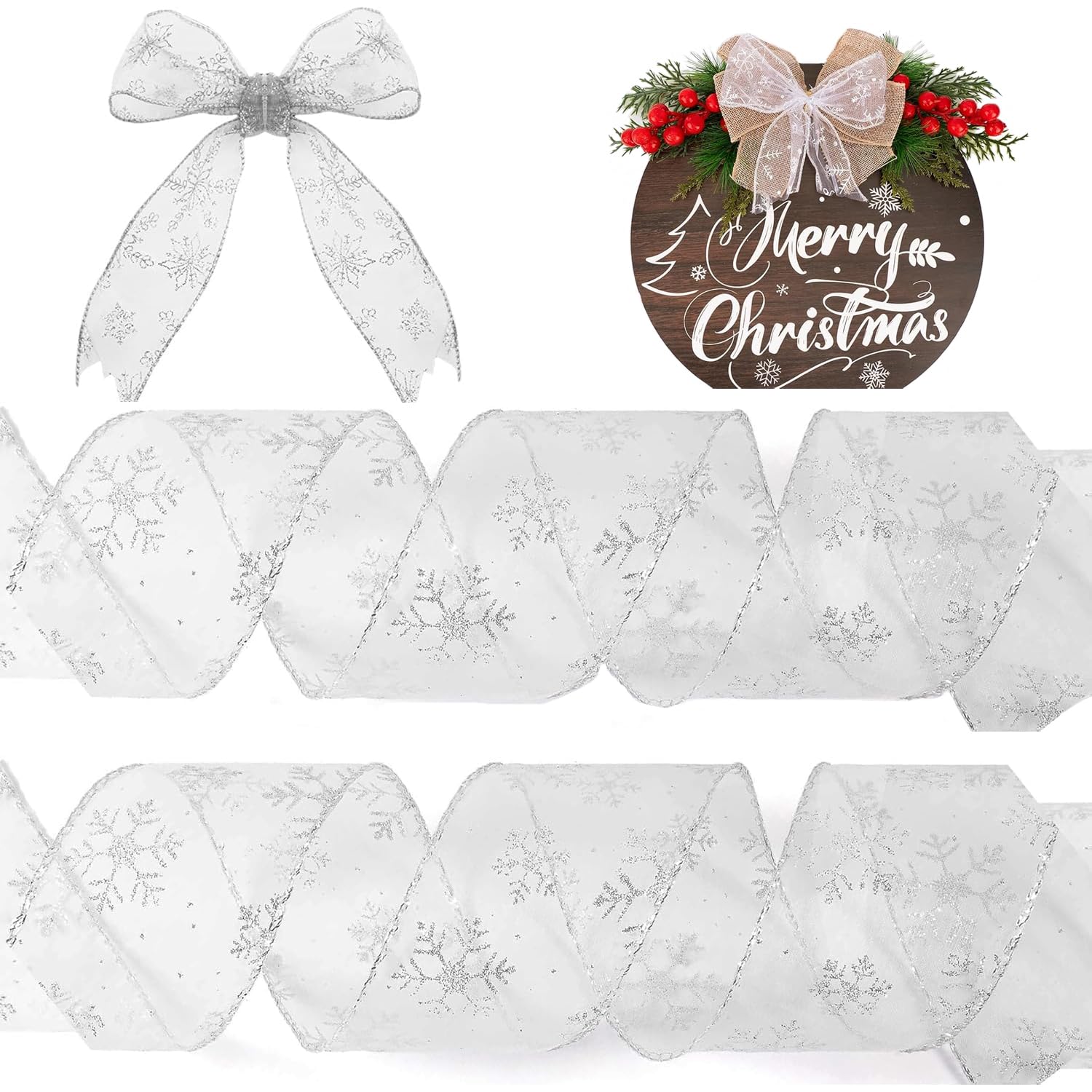 6.3 cm Christmas Tree Ribbon, Snowflake Pattern Christmas Organza