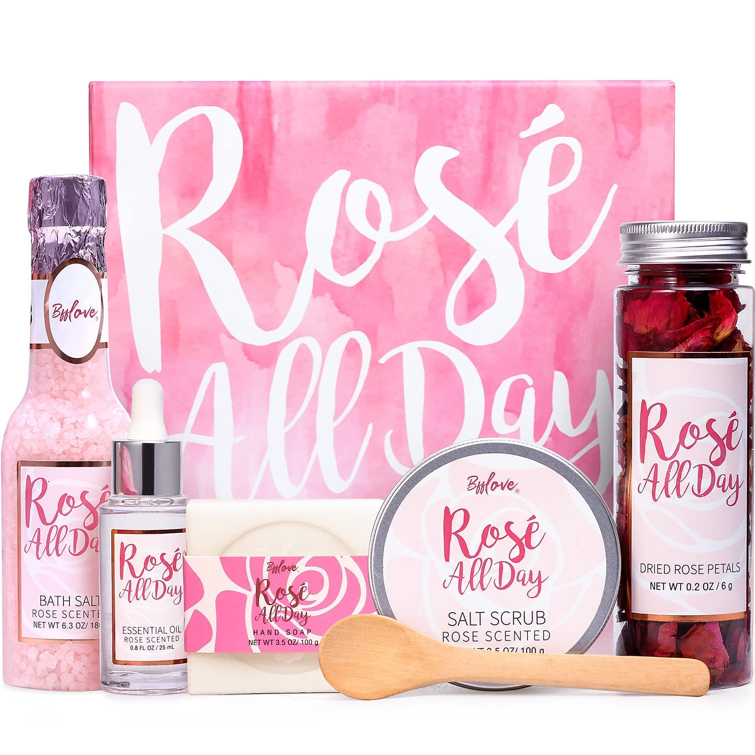 Natural Rose Petal Spa Gift Set for Women - 6Pc Soap, Salt, Body Oil, Scrub - Pamper Mom or Her for Christmas, Birthday
