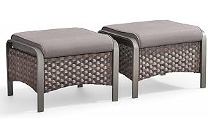 HUMMUH 2 Pieces Outdoor Wicker Ottomans-Outdoor Patio Ottoman with Removable Cushion Outdoor Footstool for Deck Lawn Porch Garden Backyard-Brown/Grey