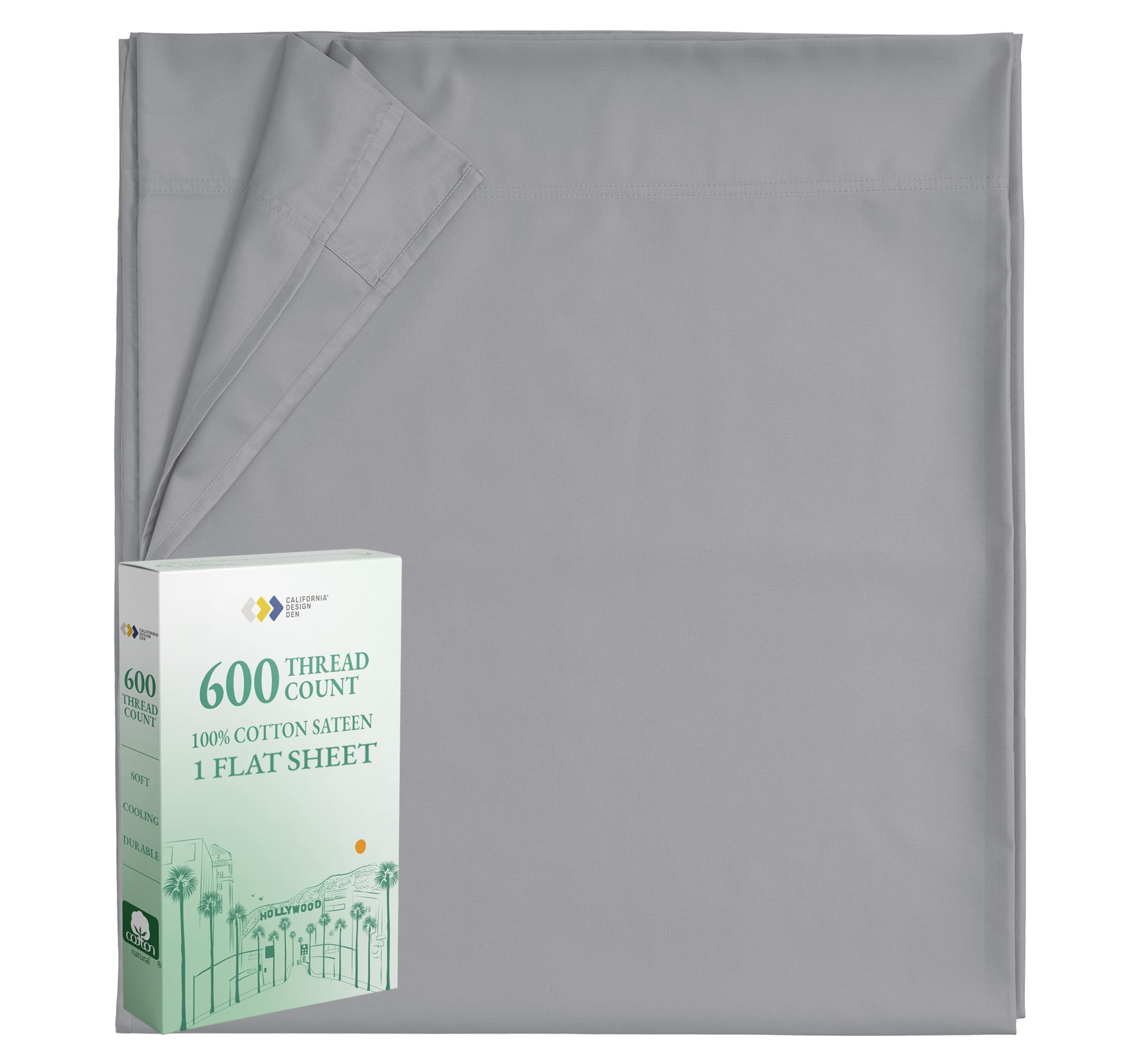 Photo 1 of 100% Natural Cotton Flat Sheet - 600 Thread Count, Soft and Crisp, Breathable, Hotel Luxury Top Sheet Only, Ultra Premium Sateen Weave - Mist Grey, Full Size