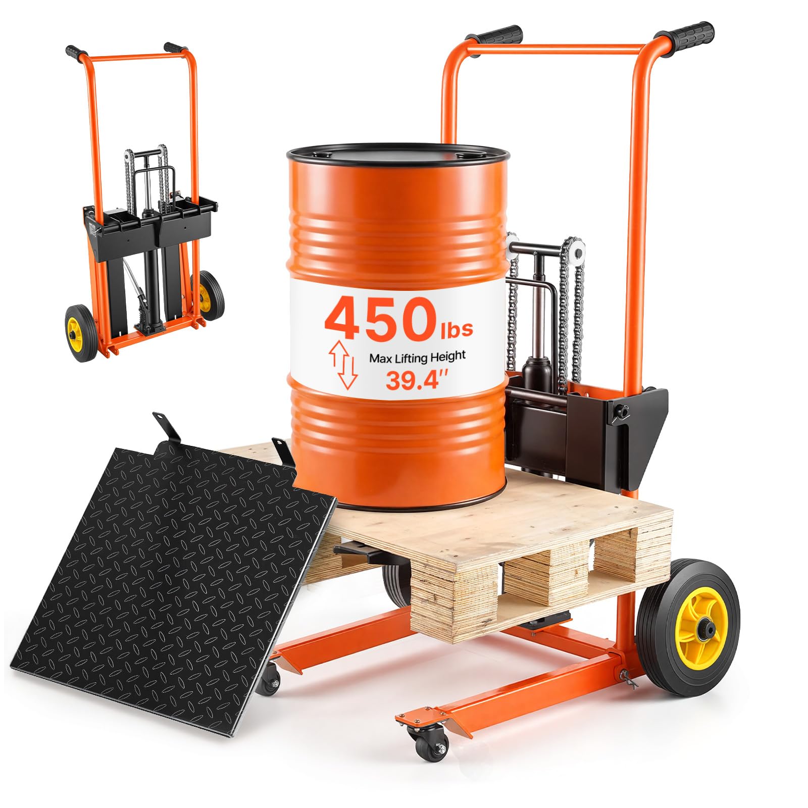 Photo 1 of ***FACTORY SEALED***VEVOR Hydraulic Material Lift Winch Stacker, 450 lbs Load Capacity, 39.4'' Max Lifting Height, Pallet Truck Dolly with Fork Lift Table, Foldable & Portable Pallet Jack Table Cart, Orange & Black