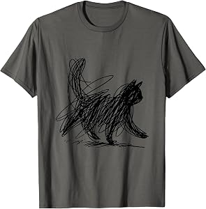 Abstract Scribble Black Cat Minimal Line Art Aesthetic T-Shirt