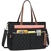 RAINSMORE Laptop Bag for Women 15.6" Teacher Tote Work Bag with Insulated Pockets, Professional Nurse Bag Laptop Briefcase Large Handbag for Office College Nursing, Black-brown