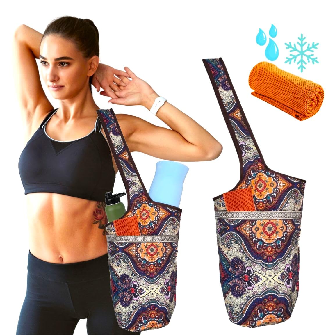 SusggO Pack Yoga Bag for Mat and Cool Cooling Towel Women's Yoga Bag for Mat Gym Towel Microfibre Yoga Bag Yoga Mat Pilates Fitness Accessories (Paisley)