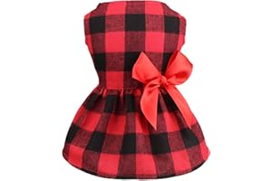 JAMKTEPAT Buffalo Plaid Dog Dresses Cute Bowtie Clothes Cotton Soft Christmas Outfit Dog Costume for Small Dogs Cat Apparel (S)