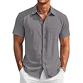 Runcati Mens Button Down Linen Shirt Short Sleeve Casual Vacation Shirts Summer Beach Wedding Tops with Pocket