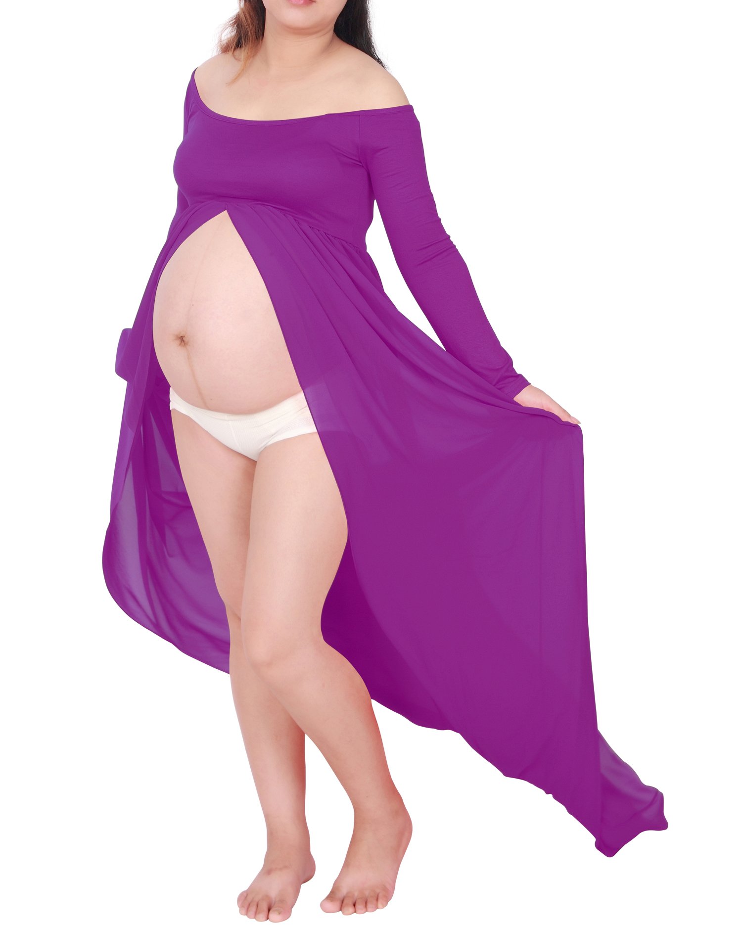 Gititlys Front Split Off Shoulder Chiffon Maternity Gown Pregnancy Dresses for Photoshoot Purple