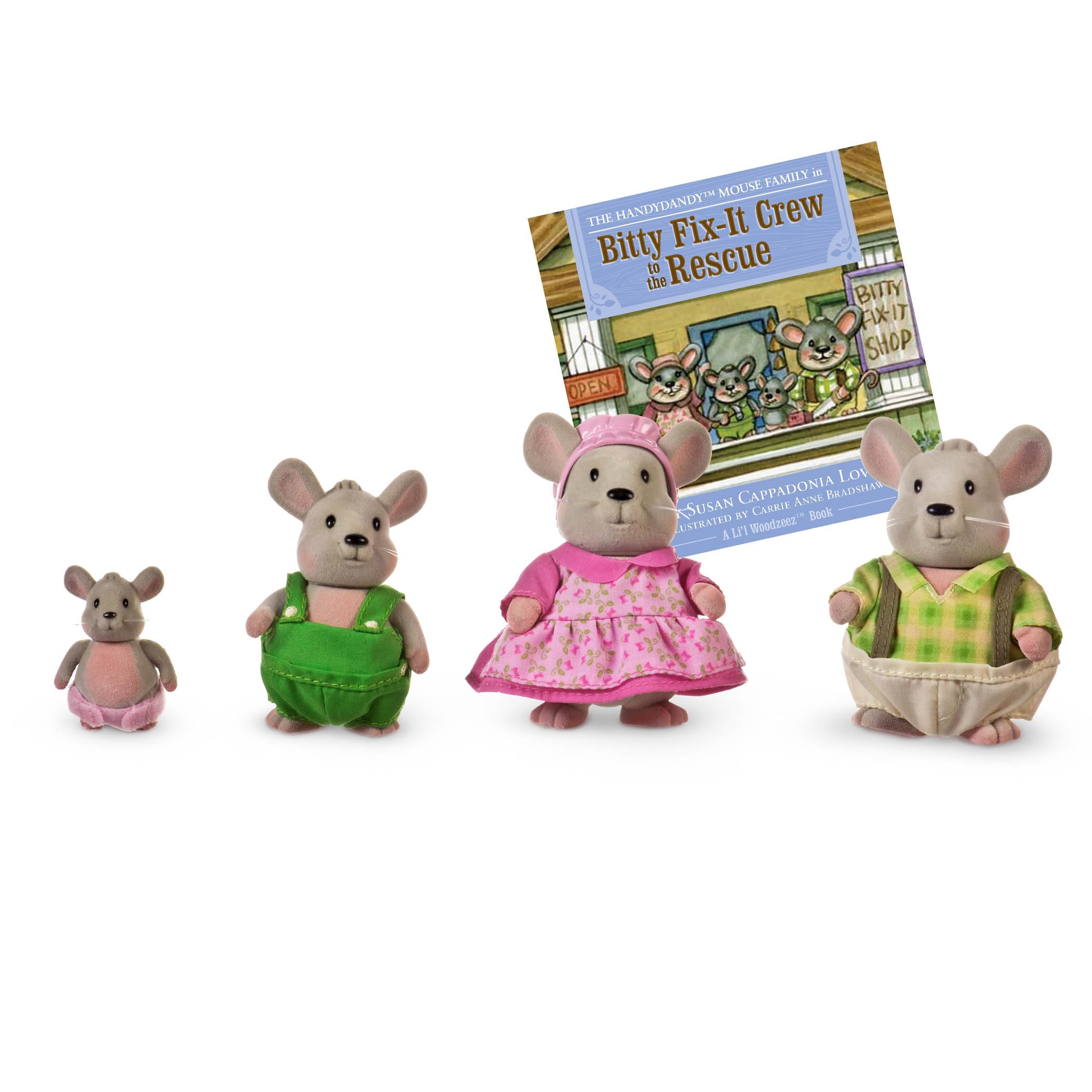 Li'l Woodzeez – Handydandy Mice Family Set – 4 Collectible Doll Figures with Storybook – Pretend Play Toy for Imaginative Fun – Gift for Children 3+ Years