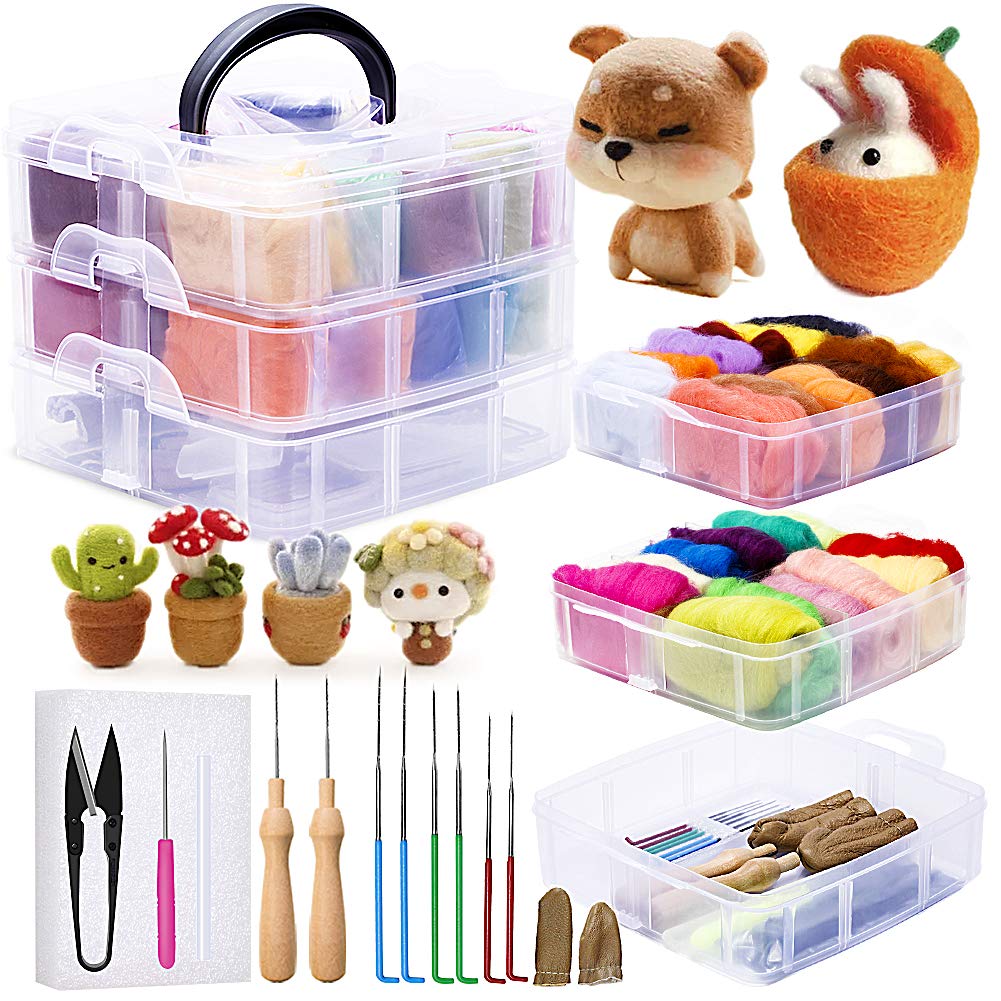 JUPEAN Needle Felting Kit, 24 Colors Wool Roving (5g/Color), Complete Needle Felting Starter Kit with Needle Felting Supplies Wool Fibre Spinning Craft Felting Kits for Beginners