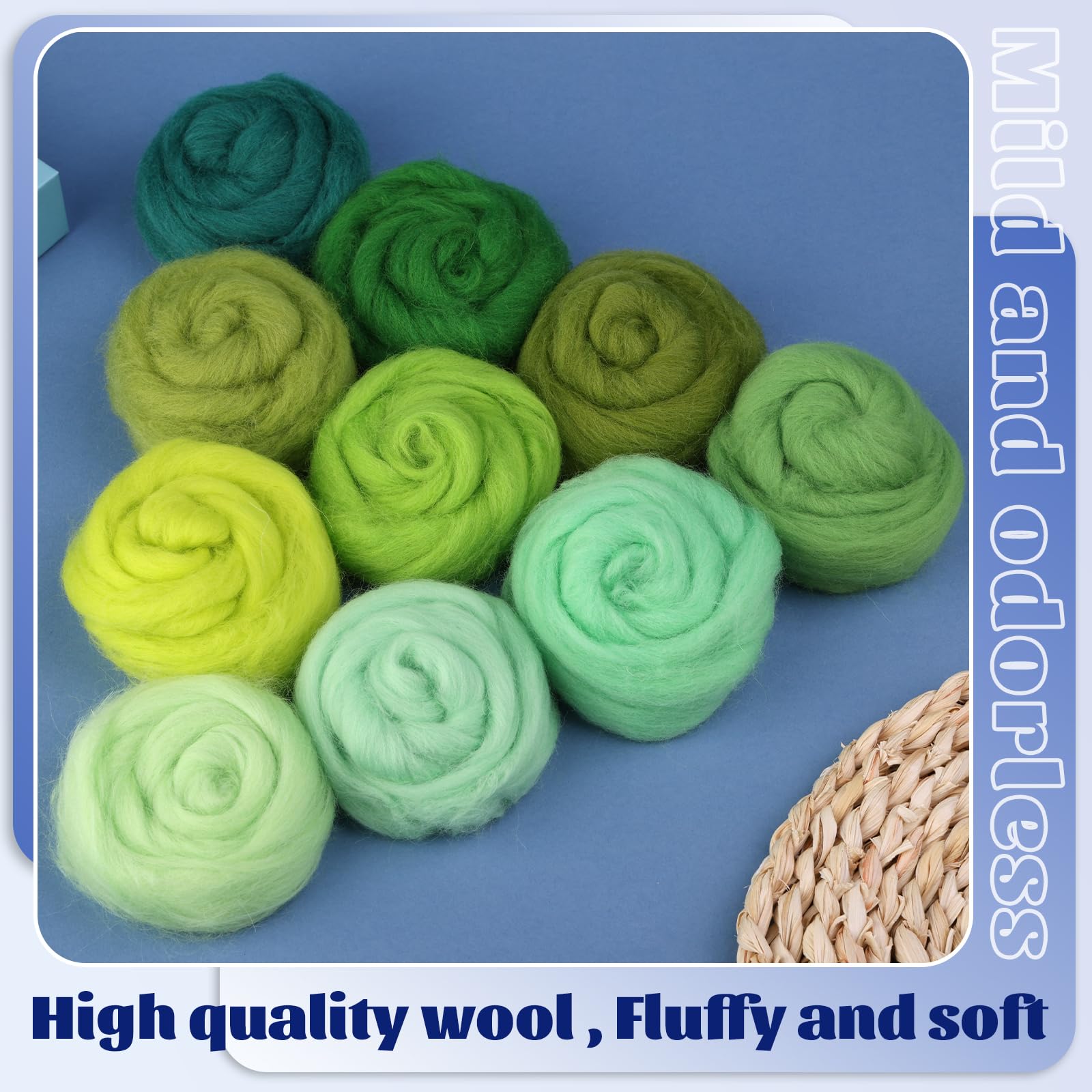 Mayboos 10 Colors Fiber Wool, Fiber Wool Yarn Roving, Spinning Wool Roving for Needle Felting, DIY Hand Spinning, Needle Felting Wool Craft, 10g/Color (Cool Colors)