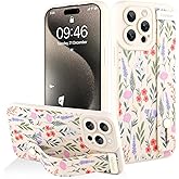 AIGOMARA for iPhone 14 Pro Case with Strap for Women Girls, Cute Floral Flowers Pattern, Soft Wirstband Kickstand Silicone Protective Cover, White