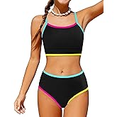 Oranchids Girls Swimsuit Colorful Contrast Trim Bikini Sets Color Block Bathing Suit Two Piece Swimwear with Chest Pad 9-16Y