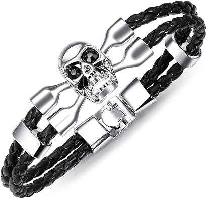 Amazon Rockyu ブランド ファッションアクセサリー メンズブレスレット ステンレス 本革ブレスレット 髑髏 ドクロ 2連 編み込みバングル かっこいい アンティーク風 ブレスレット 通販