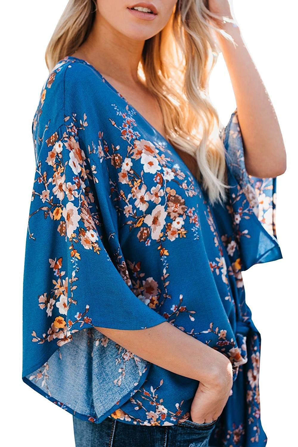 Women\'s Floral Tie Front V-Neck Sexy Chiffon Blouse Flowy Tops Cute Summer Beach Loose Boho Bat Wings Shirts