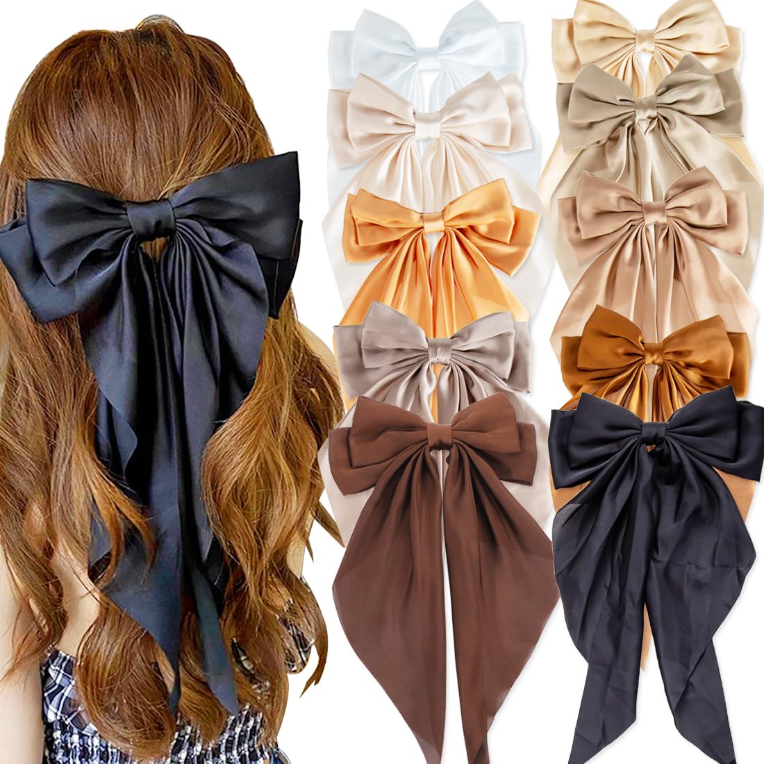 Photo 1 of 10 PCS Large Hair Bows Ribbon Bow for Women,Hair Bows for Womens,Oversized Long-tail Cute Aesthetic Hair Accessories,Large Hair Barrettes for Women,Big Bows for Girls?Warm brown