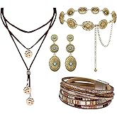 Zobnexts Western Accessories Cowgirl Jewelry Set Western Metal Concho Belt Earrings Boho Faux Leather Leopard Multi-Layer Crystal Bracelets Layered Necklaces Vintage Country Concert Jewelry Gifts