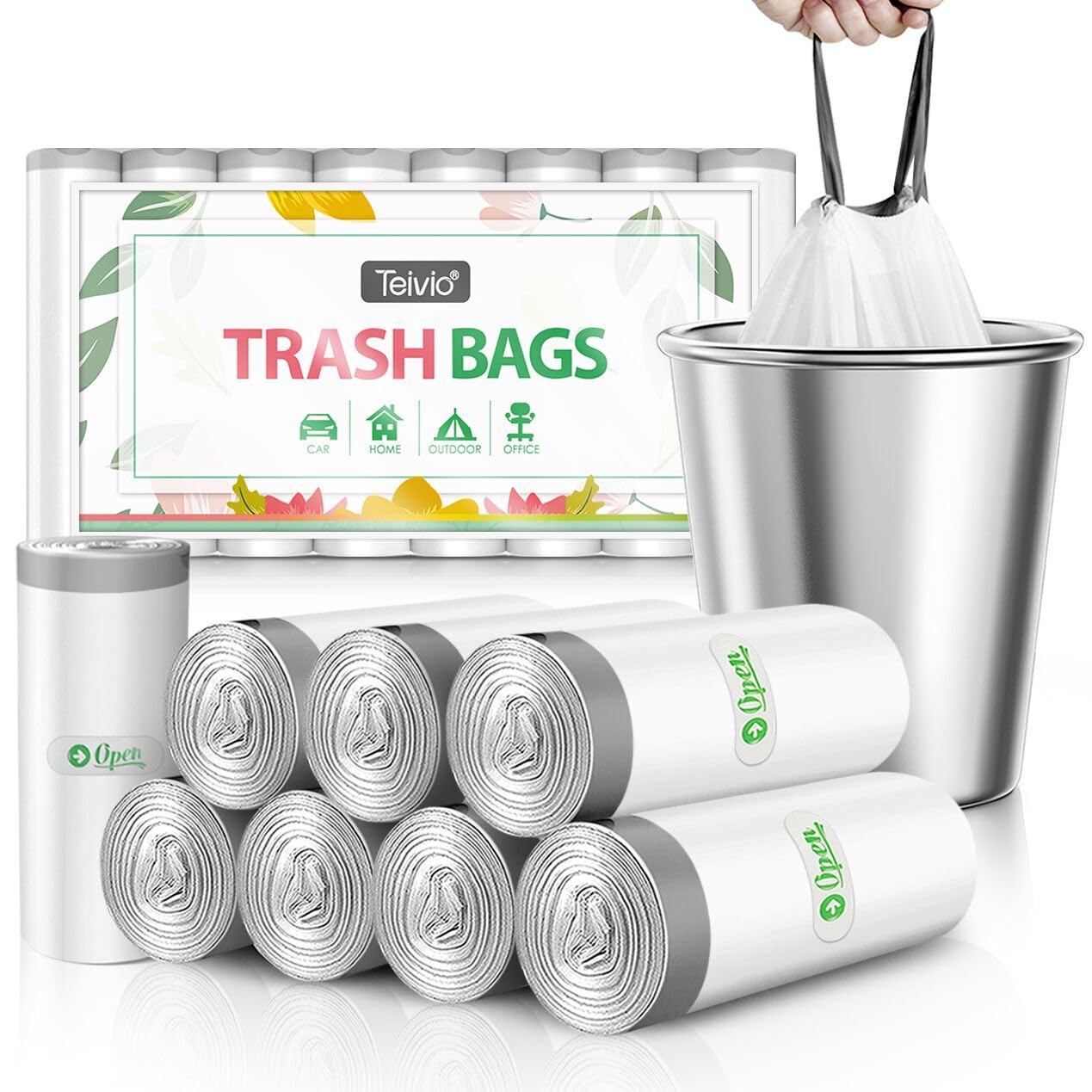 4 Gallon 160 Counts Strong Drawstring Trash Bags Garbage Bags by Teivio, Bathroom Trash Can Liners fit 12-15 Liter Trasn Bin, Small Plastic Bags for home office kitchen, White Wastebasket Liners