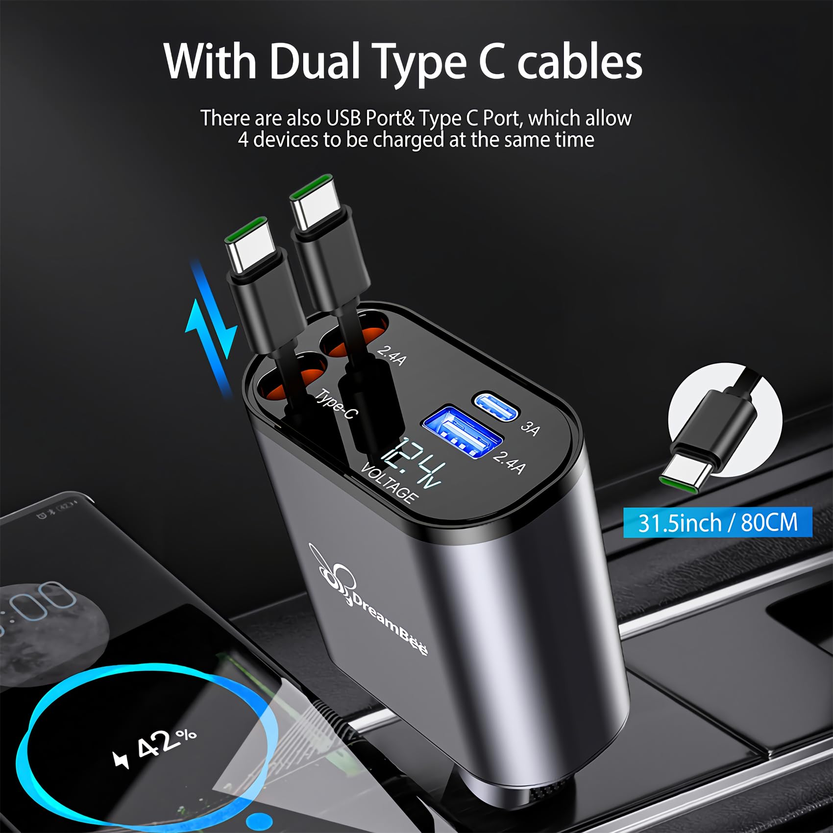 DreamBee Retractable Car Charger,66W Super Fast USB Car Phone Charger,Dual TypeC Retractable Cables Gifts for Men Women Car Truck Accessories for Samsung Galaxy S23+/S23/ S22 iPhone 15/14,iPad