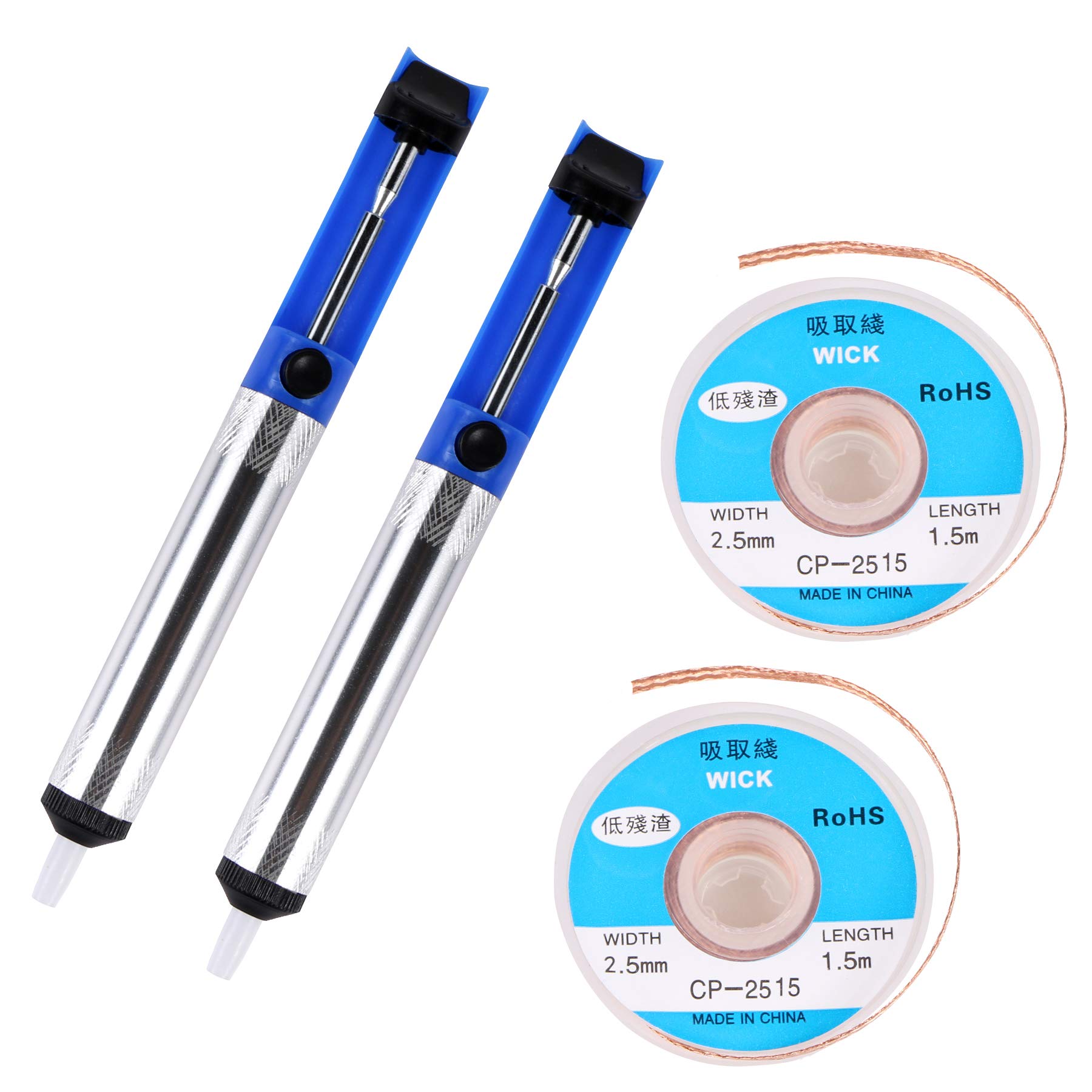 EVERMARKET(TM) Desoldering Wick, solder braid with 2.5mm Width, 1.5m Length and Solder Sucker Desoldering Vacuum Pump Solder Removal Tool,Blue - 2 Packs